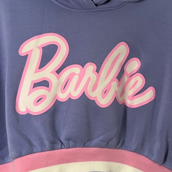 NWT Barbie Purple Crop Top Hoodie with Pink, White, Purple Stripe Cuffing - Picture 6 of 7